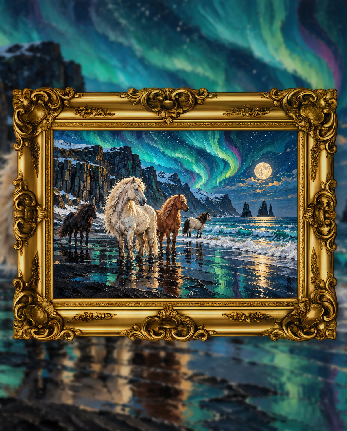 Aurora Over the Midnight Shore, an original DAILE Studio artwork in an ornate gold frame, fine art jigsaw puzzle