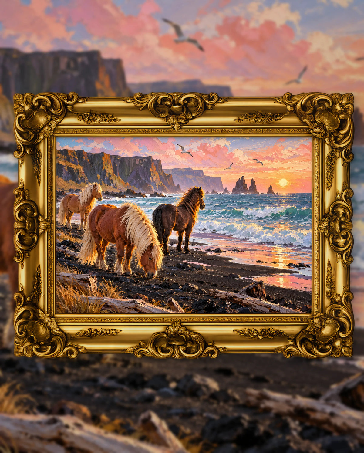 Golden Evening at Reynisfjara, an original DAILE Studio artwork in an ornate gold frame, fine art jigsaw puzzle