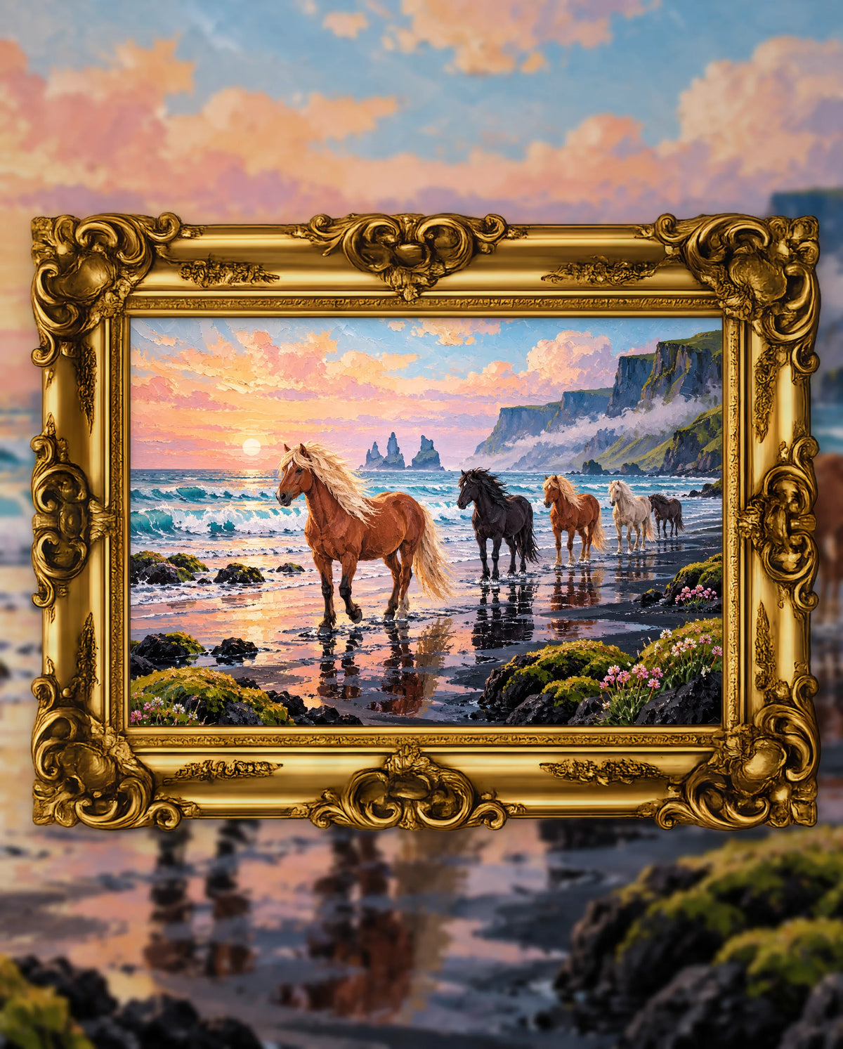 The Herd at Pink Icelandic Dawn, an original DAILE Studio artwork in an ornate gold frame, fine art jigsaw puzzle