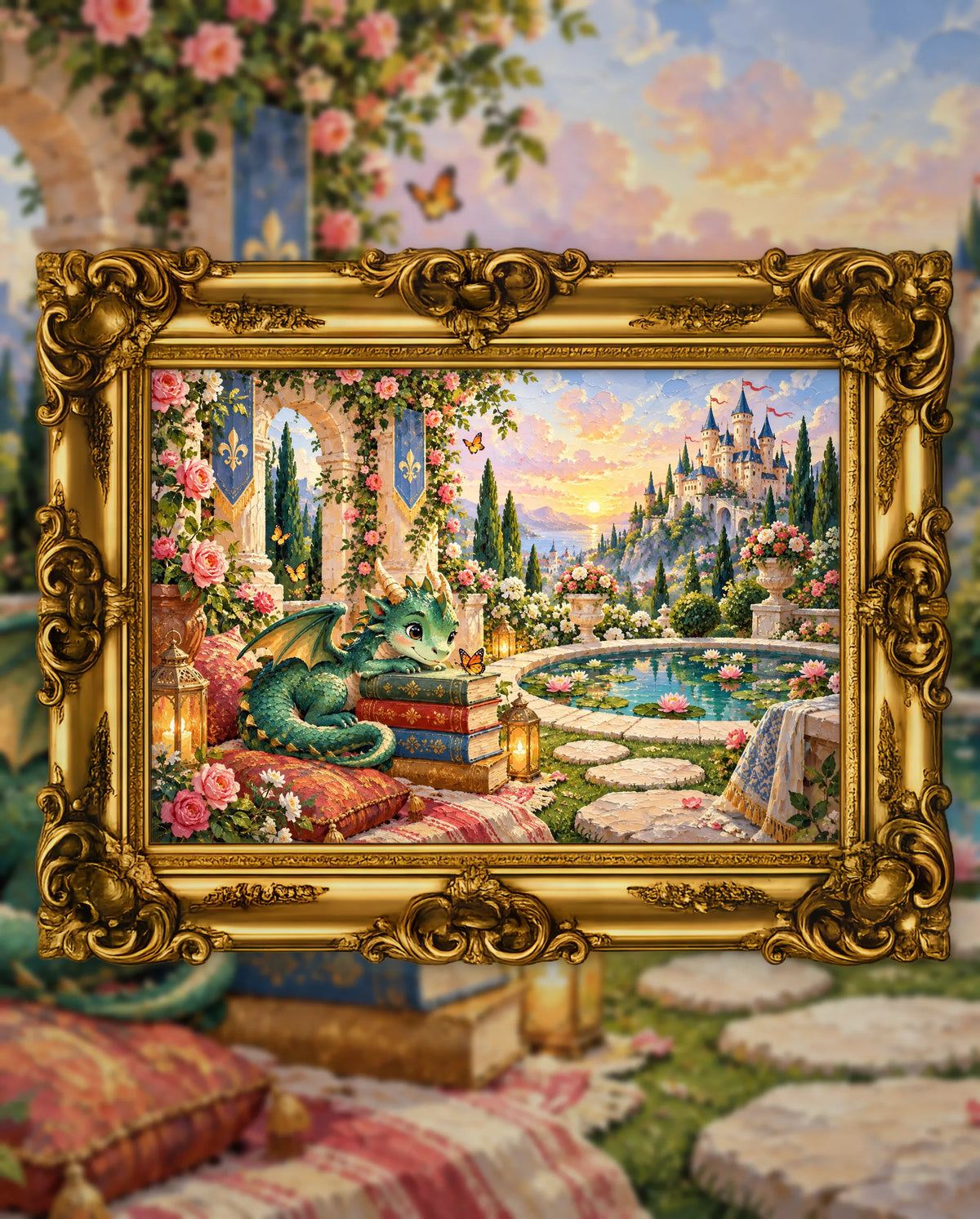 The Little Dragon's Secret Garden, an original DAILE Studio artwork in an ornate gold frame, fine art jigsaw puzzle