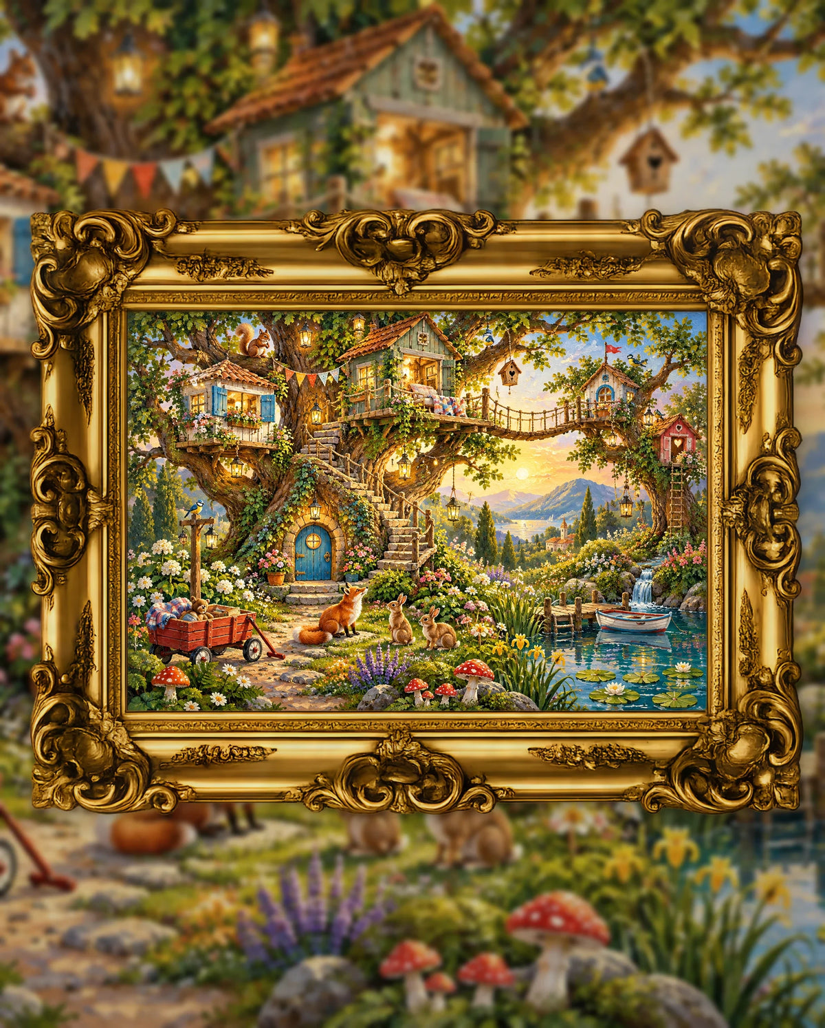 The Treehouse Kingdom at Sunset, an original DAILE Studio artwork in an ornate gold frame, fine art jigsaw puzzle