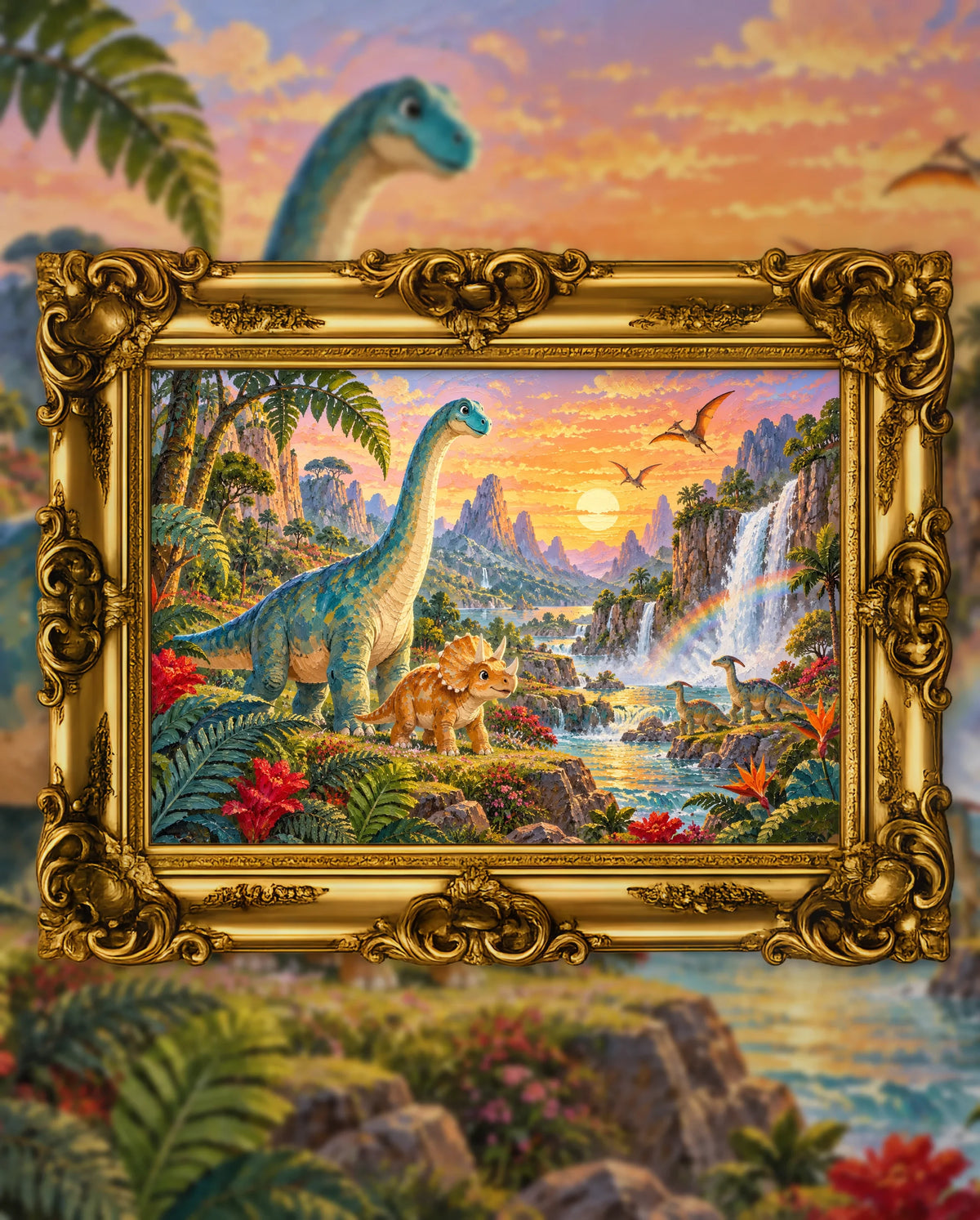 The Valley Where Dinosaurs Still Roam, an original DAILE Studio artwork in an ornate gold frame, fine art jigsaw puzzle