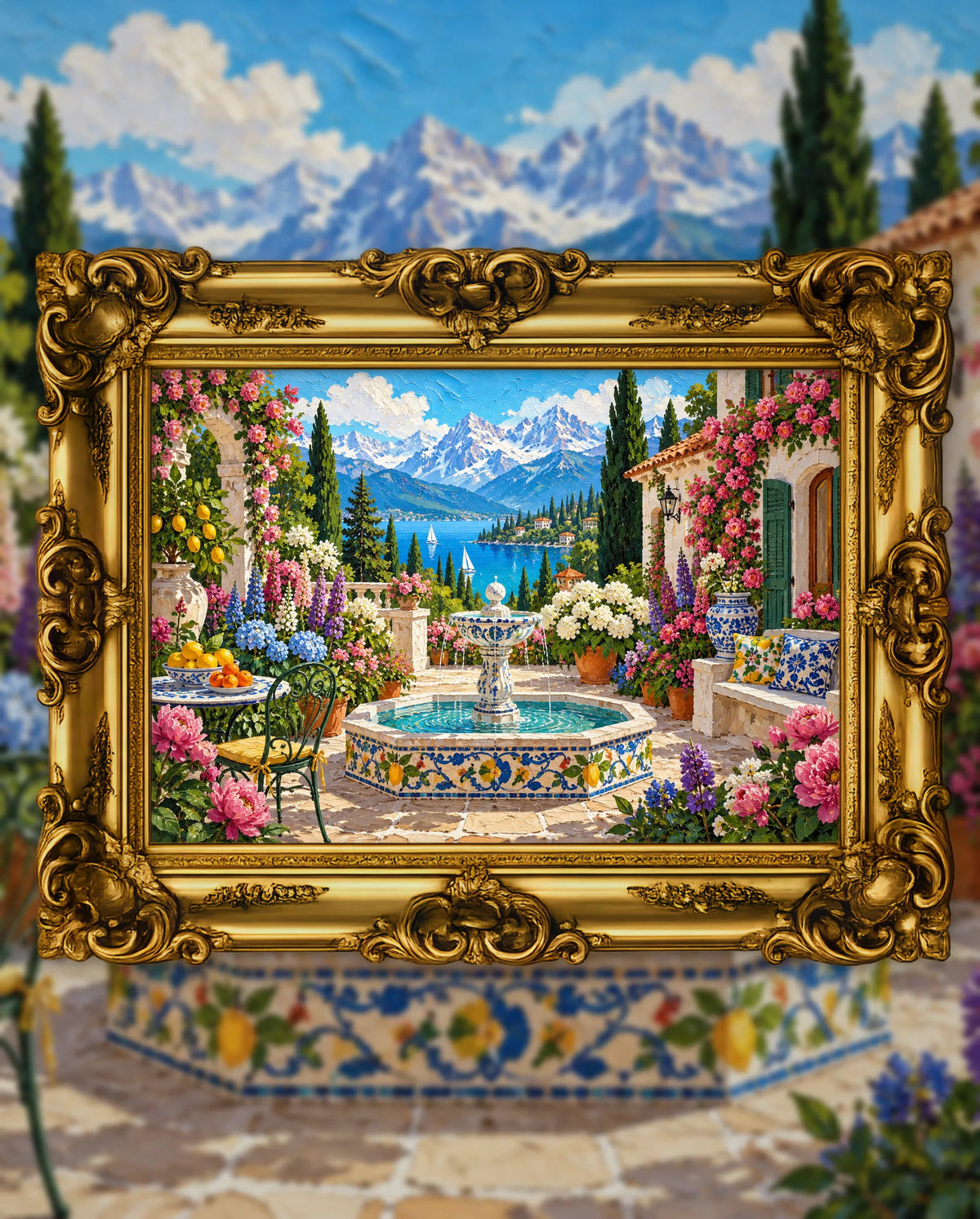 Garden Beneath the Snow Peaks, an original DAILE Studio artwork in an ornate gold frame, fine art jigsaw puzzle