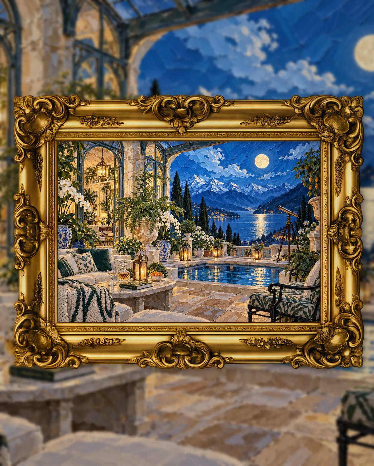 Moon Over the High Valley, an original DAILE Studio artwork in an ornate gold frame, fine art jigsaw puzzle