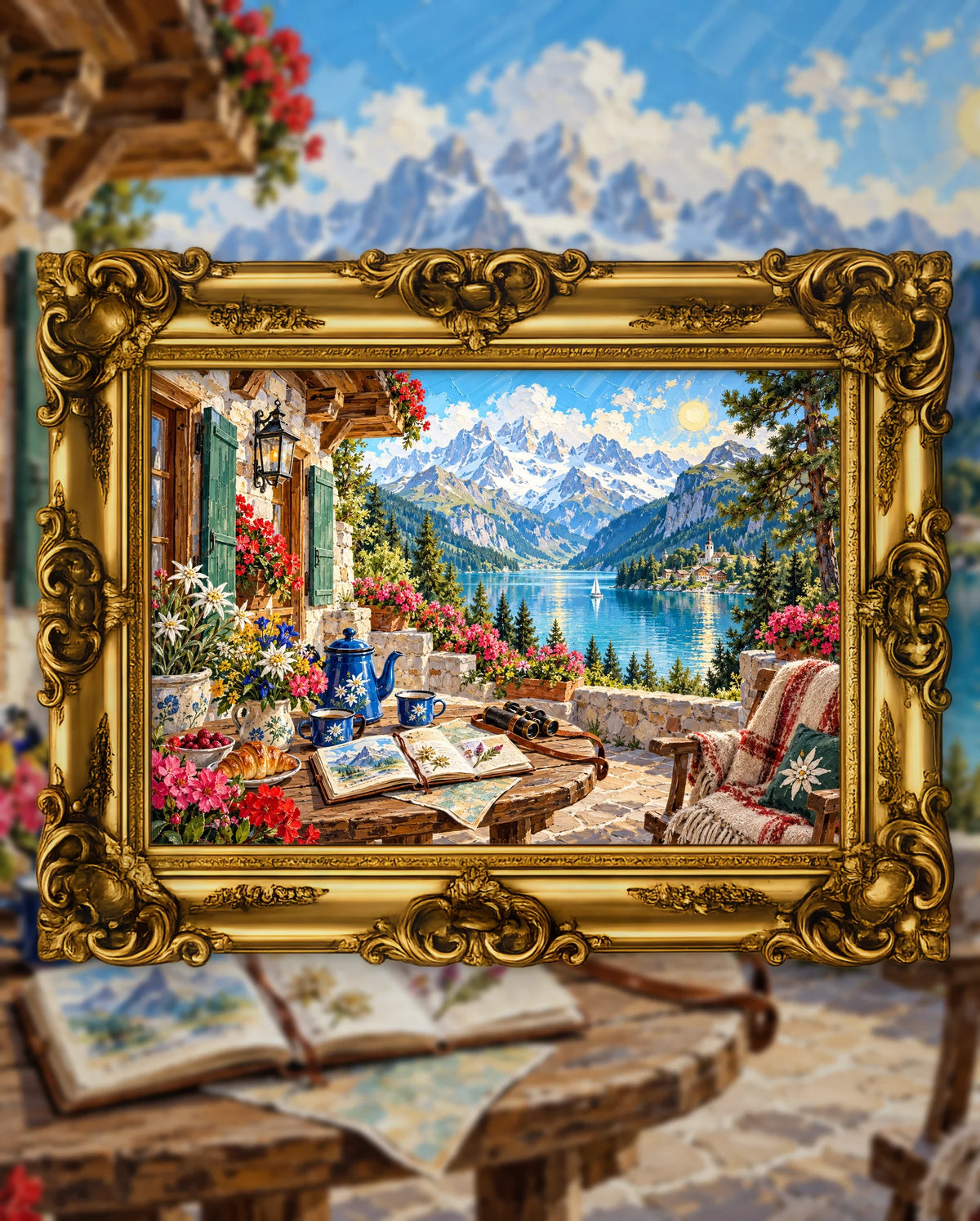 Morning Above the Alpine Lake, an original DAILE Studio artwork in an ornate gold frame, fine art jigsaw puzzle