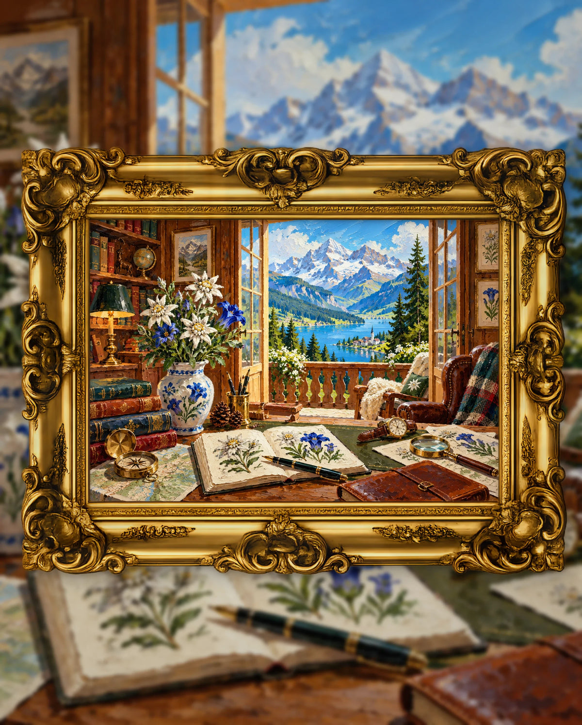 The Naturalist's Mountain Room, an original DAILE Studio artwork in an ornate gold frame, fine art jigsaw puzzle