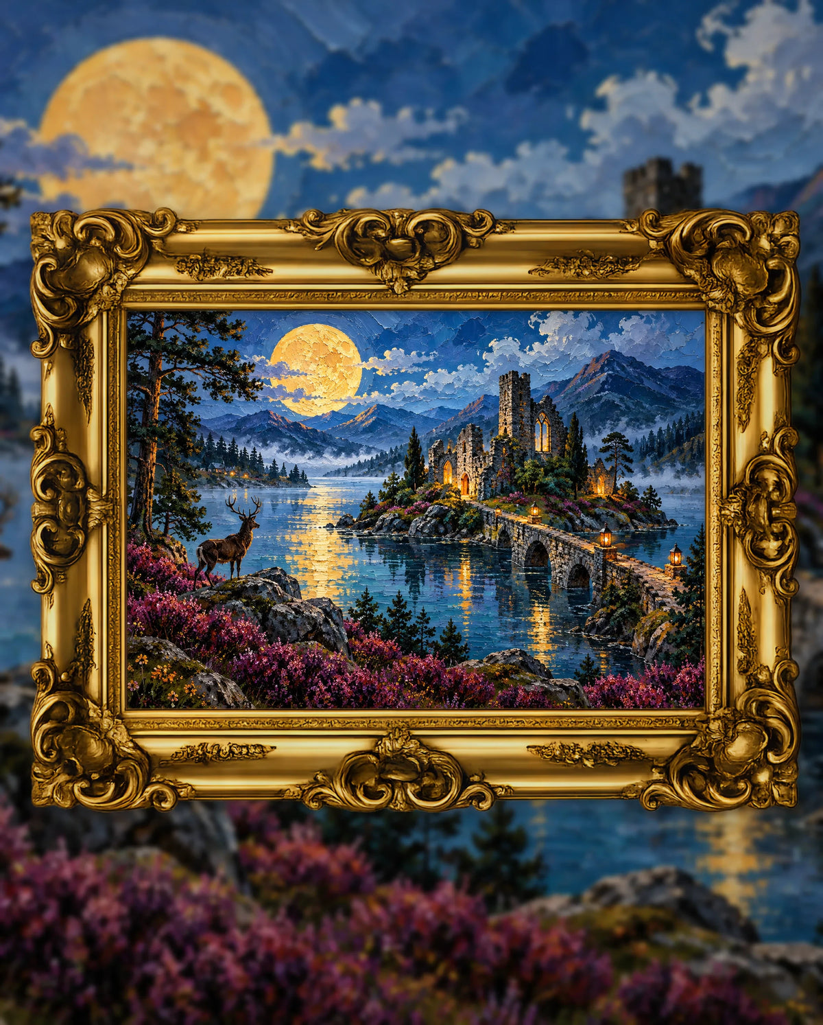 The Abbey Beyond the Moonlit Loch, an original DAILE Studio artwork in an ornate gold frame, fine art jigsaw puzzle
