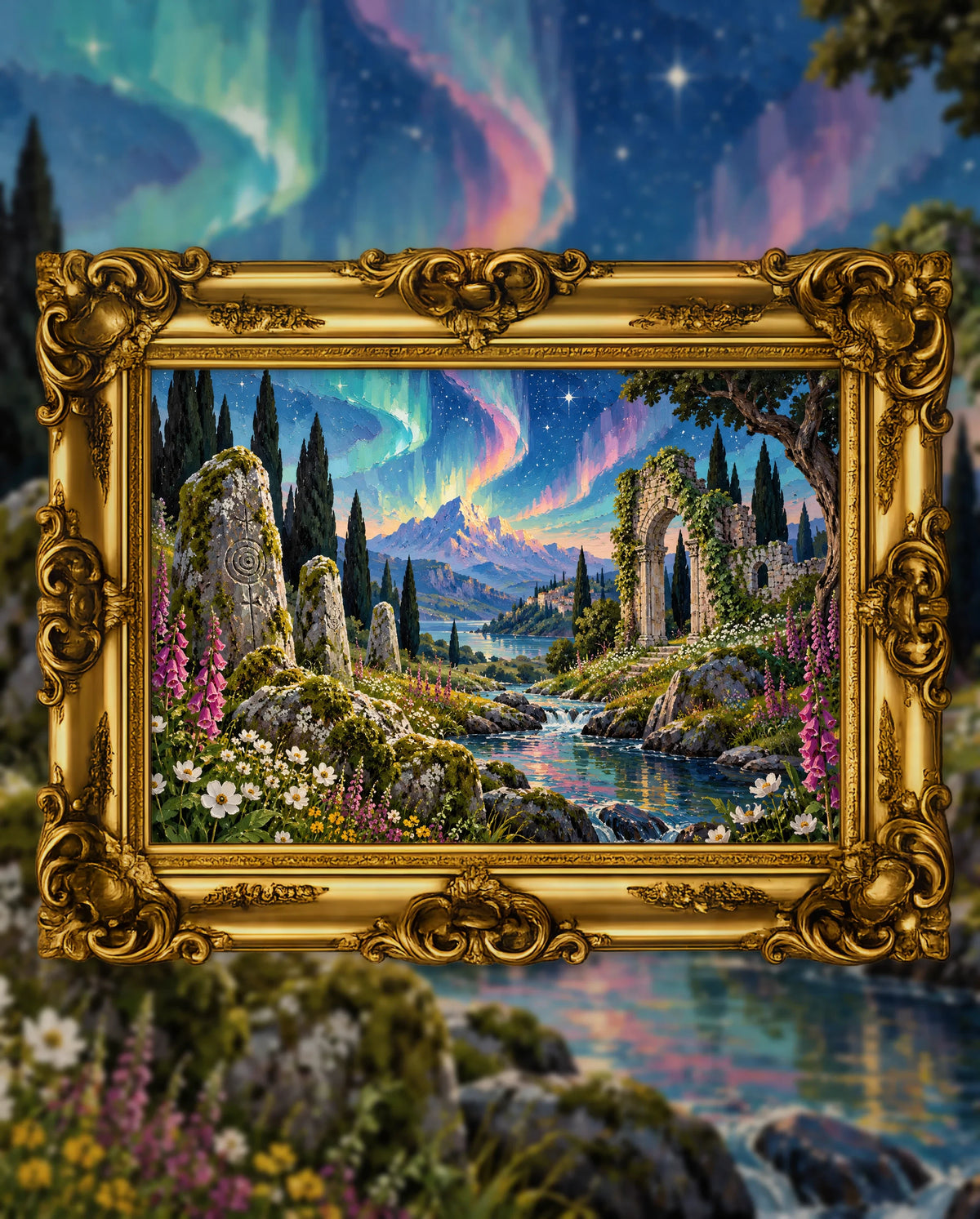 Aurora Over the Forgotten Valley, an original DAILE Studio artwork in an ornate gold frame, fine art jigsaw puzzle