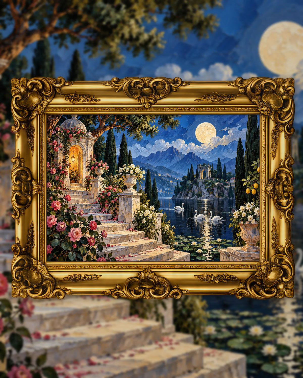 The Lake Where the Moon Descends, an original DAILE Studio artwork in an ornate gold frame, fine art jigsaw puzzle