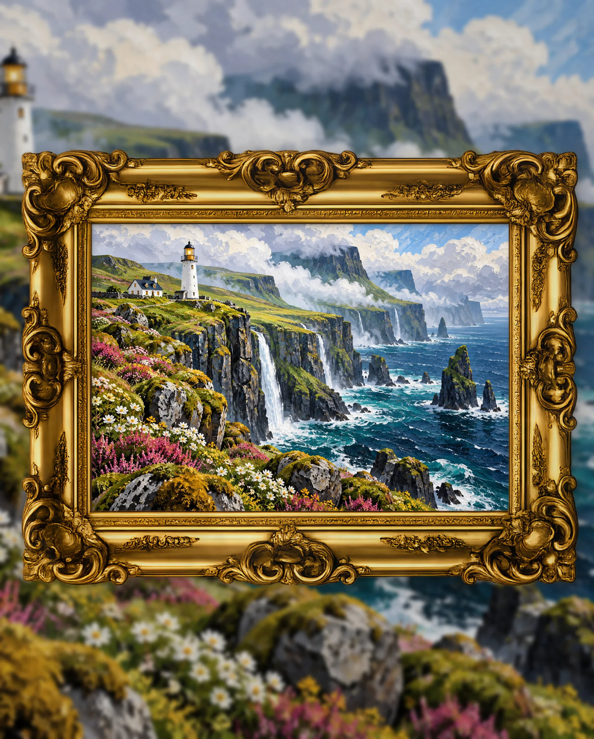 Lighthouse at the Edge of Weather, an original DAILE Studio artwork in an ornate gold frame, fine art jigsaw puzzle