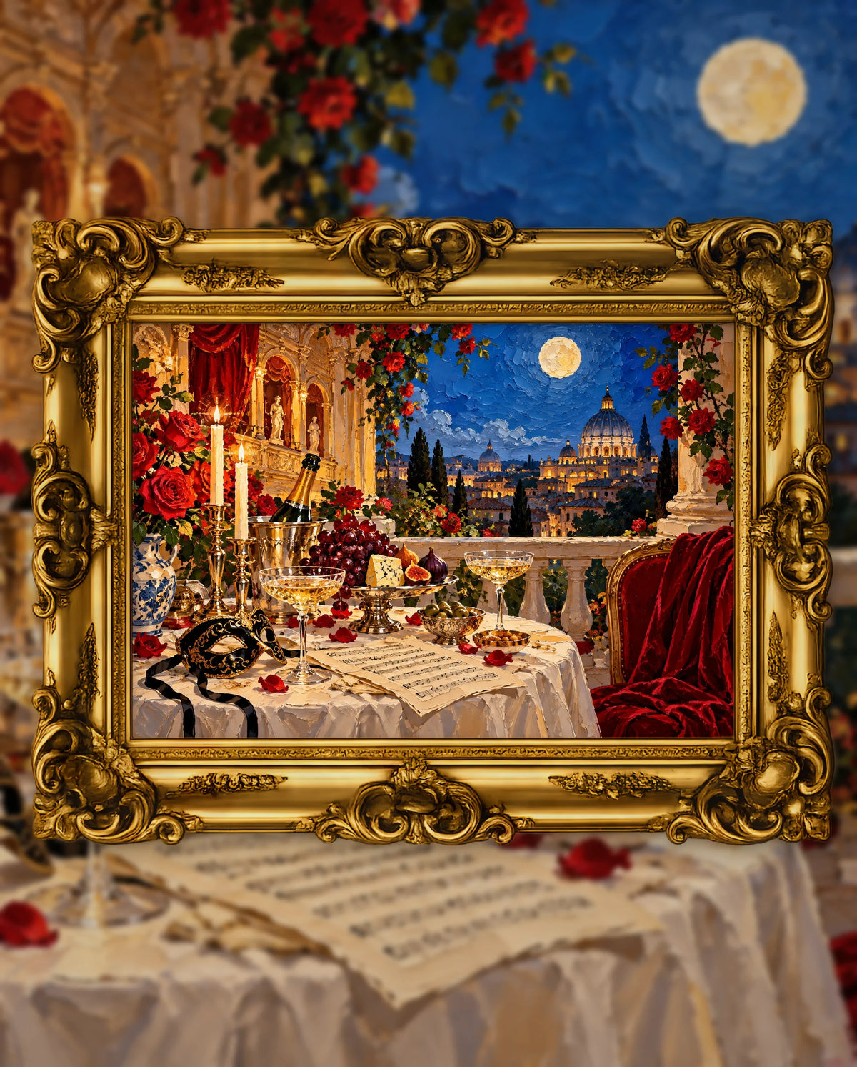 Champagne After the Encore, an original DAILE Studio artwork in an ornate gold frame, fine art jigsaw puzzle