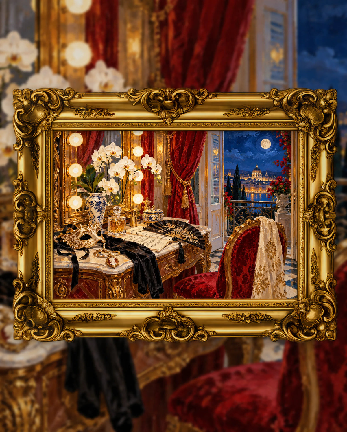 The Dressing Room at Midnight, an original DAILE Studio artwork in an ornate gold frame, fine art jigsaw puzzle