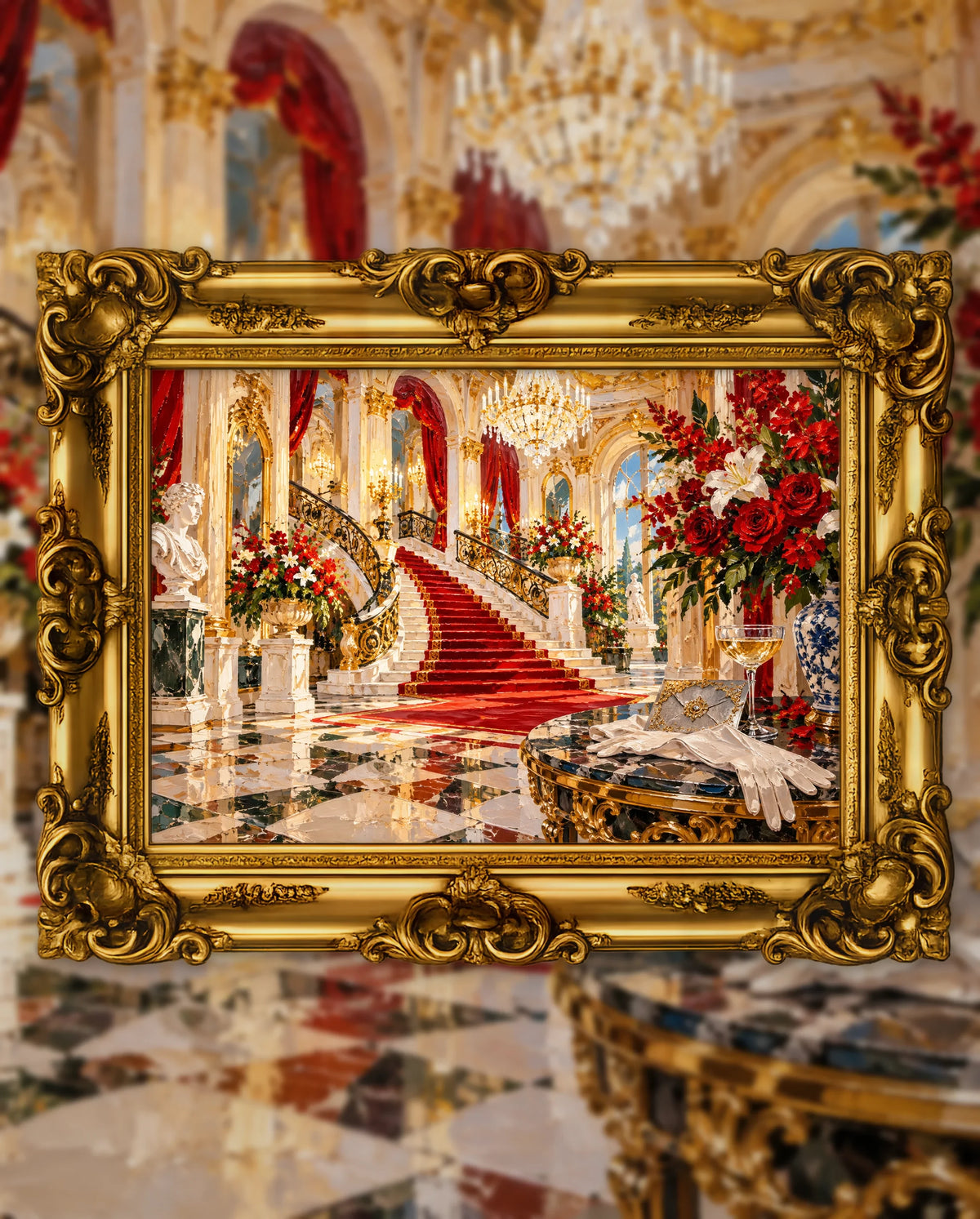 The Grand Staircase Before Midnight, an original DAILE Studio artwork in an ornate gold frame, fine art jigsaw puzzle