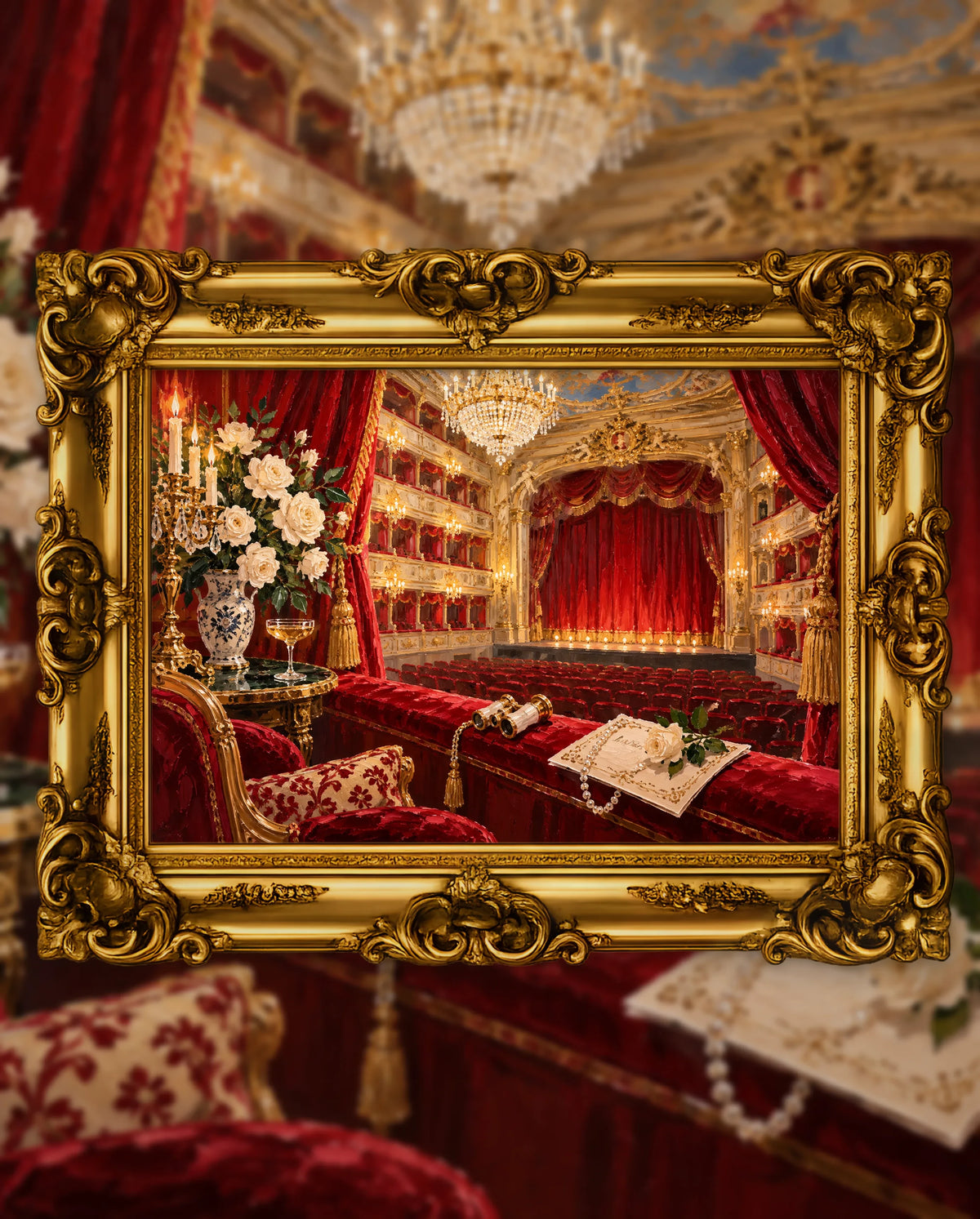 Before the Velvet Curtain Rises, an original DAILE Studio artwork in an ornate gold frame, fine art jigsaw puzzle