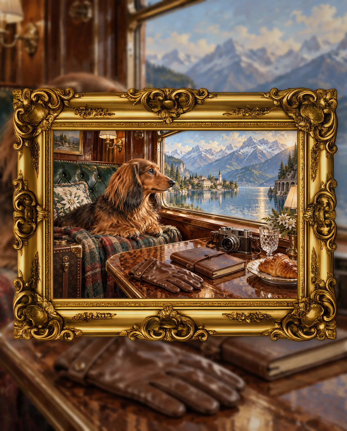 The Dachshund Express, an original DAILE Studio artwork in an ornate gold frame, fine art jigsaw puzzle
