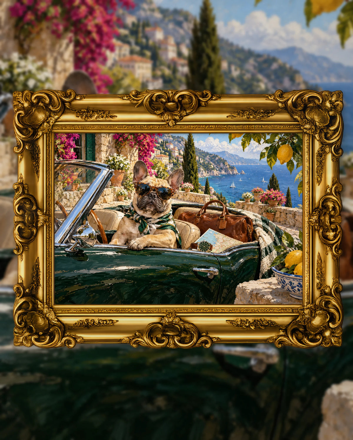The Riviera Co-Pilot, an original DAILE Studio artwork in an ornate gold frame, fine art jigsaw puzzle