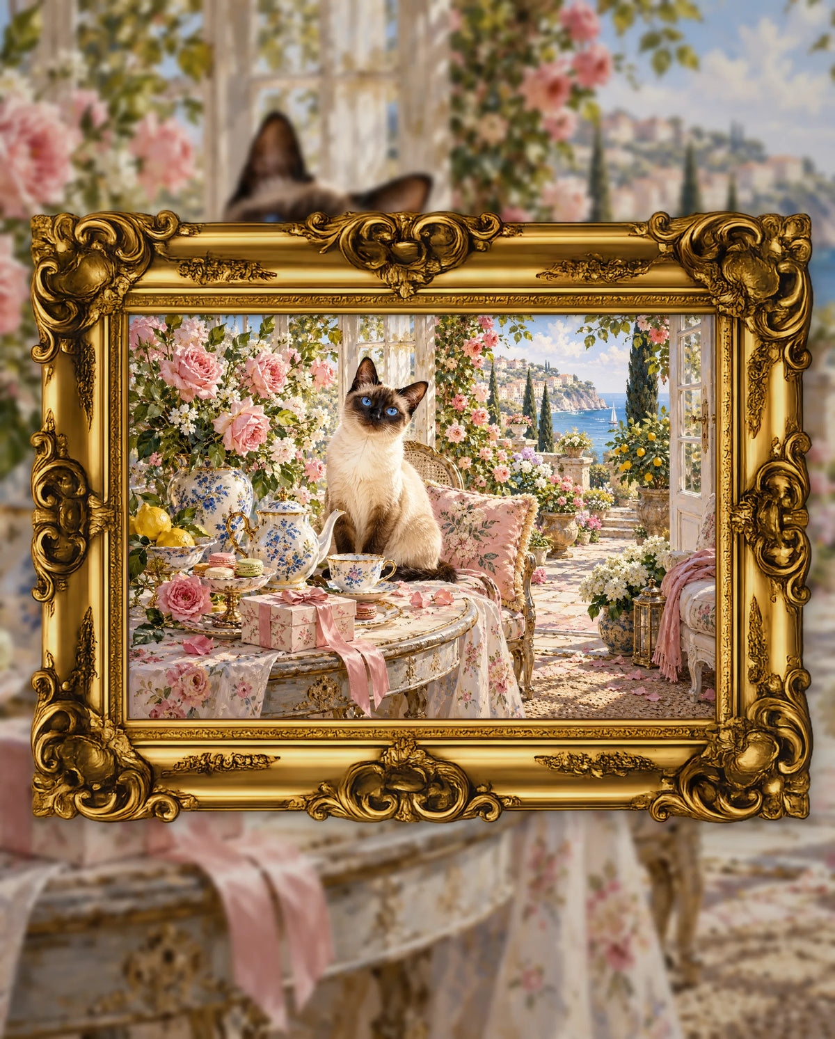 Tea Among the Roses, an original DAILE Studio artwork in an ornate gold frame, fine art jigsaw puzzle