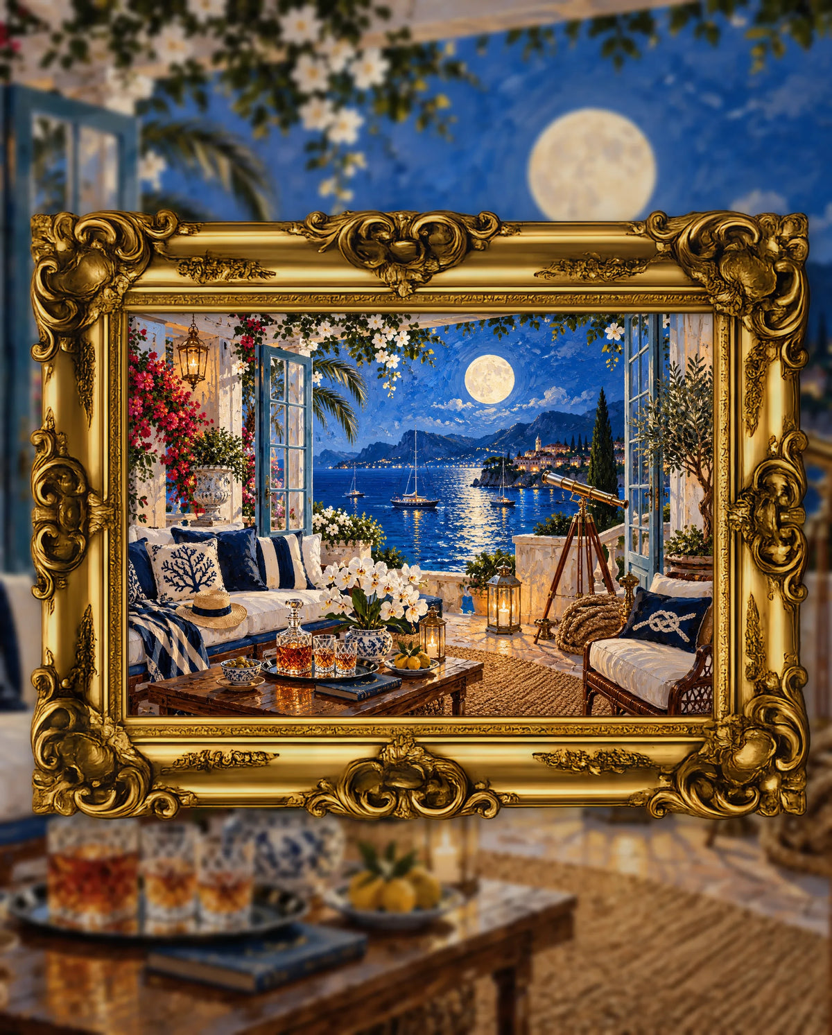 Moonlit Anchorage, an original DAILE Studio artwork in an ornate gold frame, fine art jigsaw puzzle