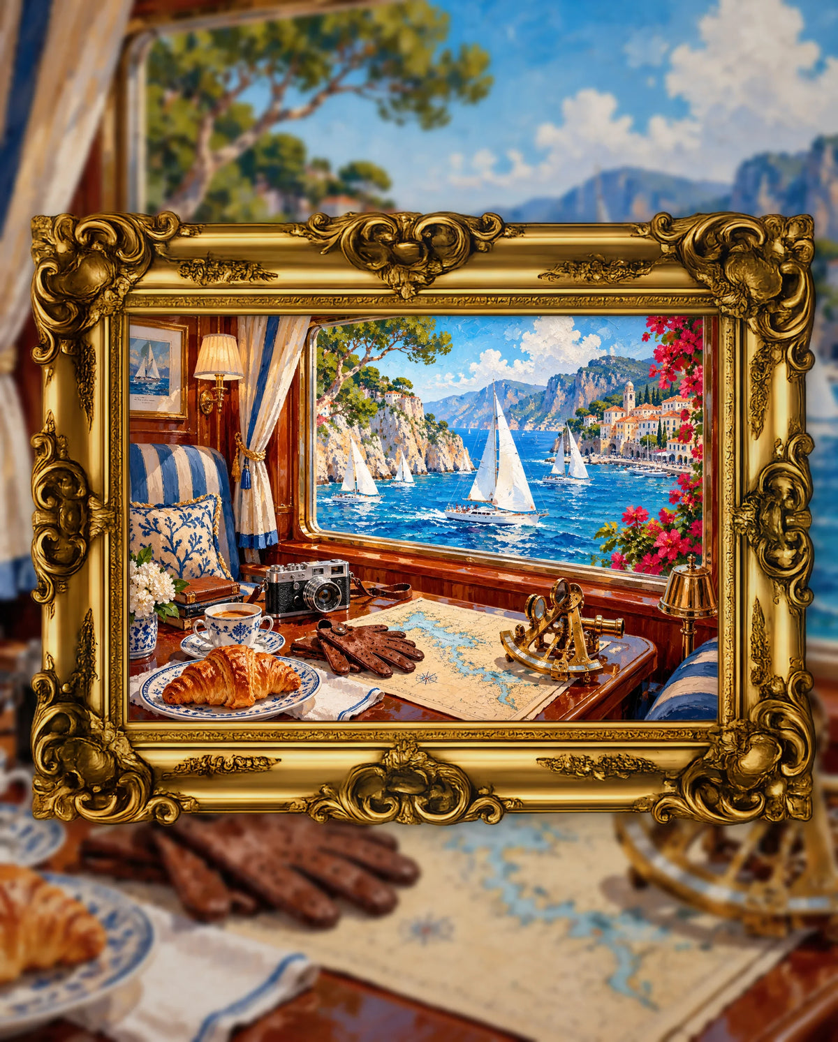 Regatta Through the Grand Window, an original DAILE Studio artwork in an ornate gold frame, fine art jigsaw puzzle