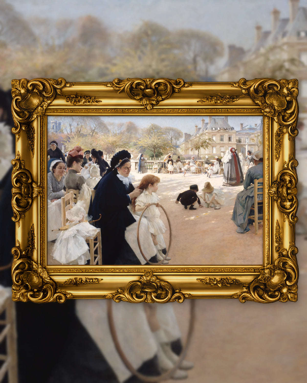 Albert Edelfelt’s Luxembourg Garden in an ornate gold frame, fine art jigsaw puzzle