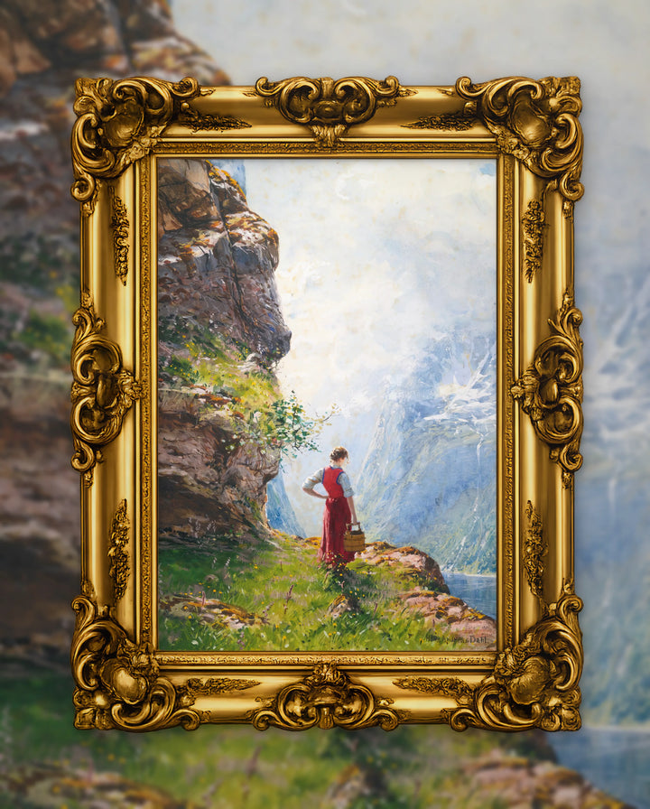 Hans Dahl’s A Young Girl by a Fjord in an ornate gold frame, fine art jigsaw puzzle