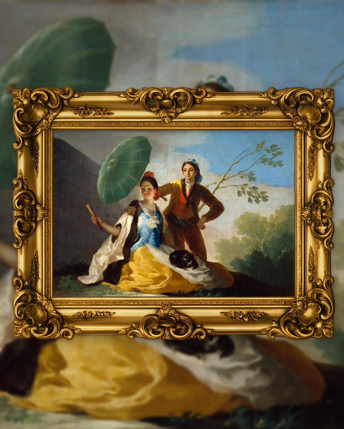 Francisco de Goya’s The Parasol in an ornate gold frame, fine art jigsaw puzzle
