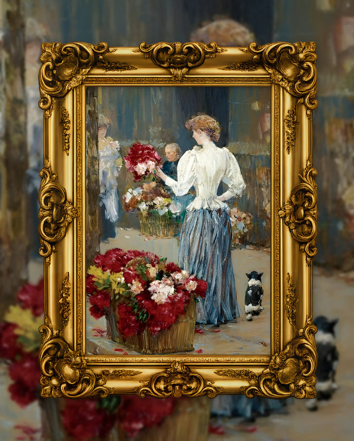 Childe Hassam’s Flower Girl in an ornate gold frame, fine art jigsaw puzzle