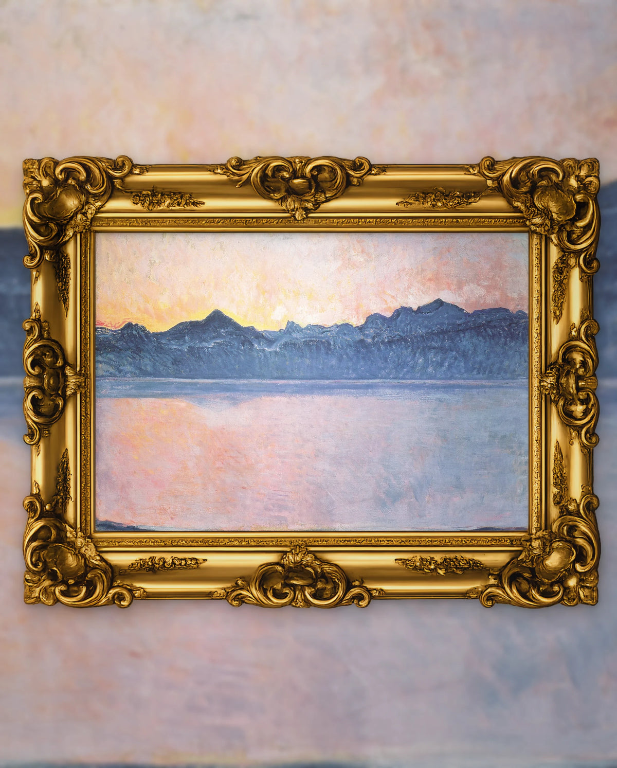 Ferdinand Hodler’s Lake Geneva with Mont Blanc in the Morning Light in an ornate gold frame, fine art jigsaw puzzle