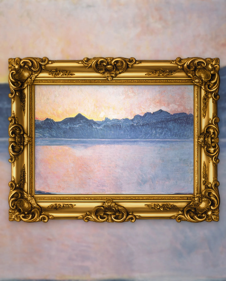 Ferdinand Hodler’s Lake Geneva with Mont Blanc in the Morning Light in an ornate gold frame, fine art jigsaw puzzle