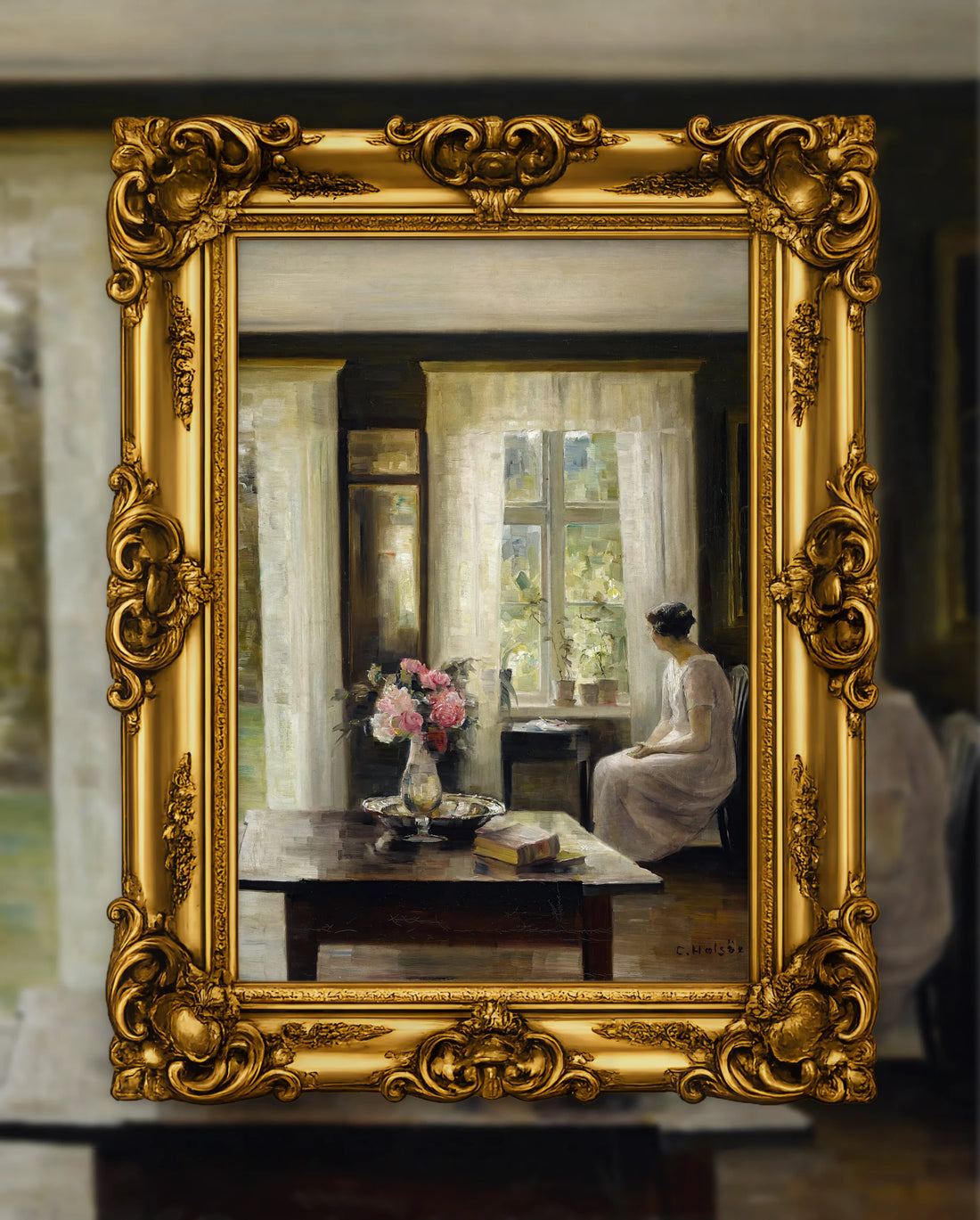Carl Holsøe’s Interior, Light of Spring in an ornate gold frame, fine art jigsaw puzzle