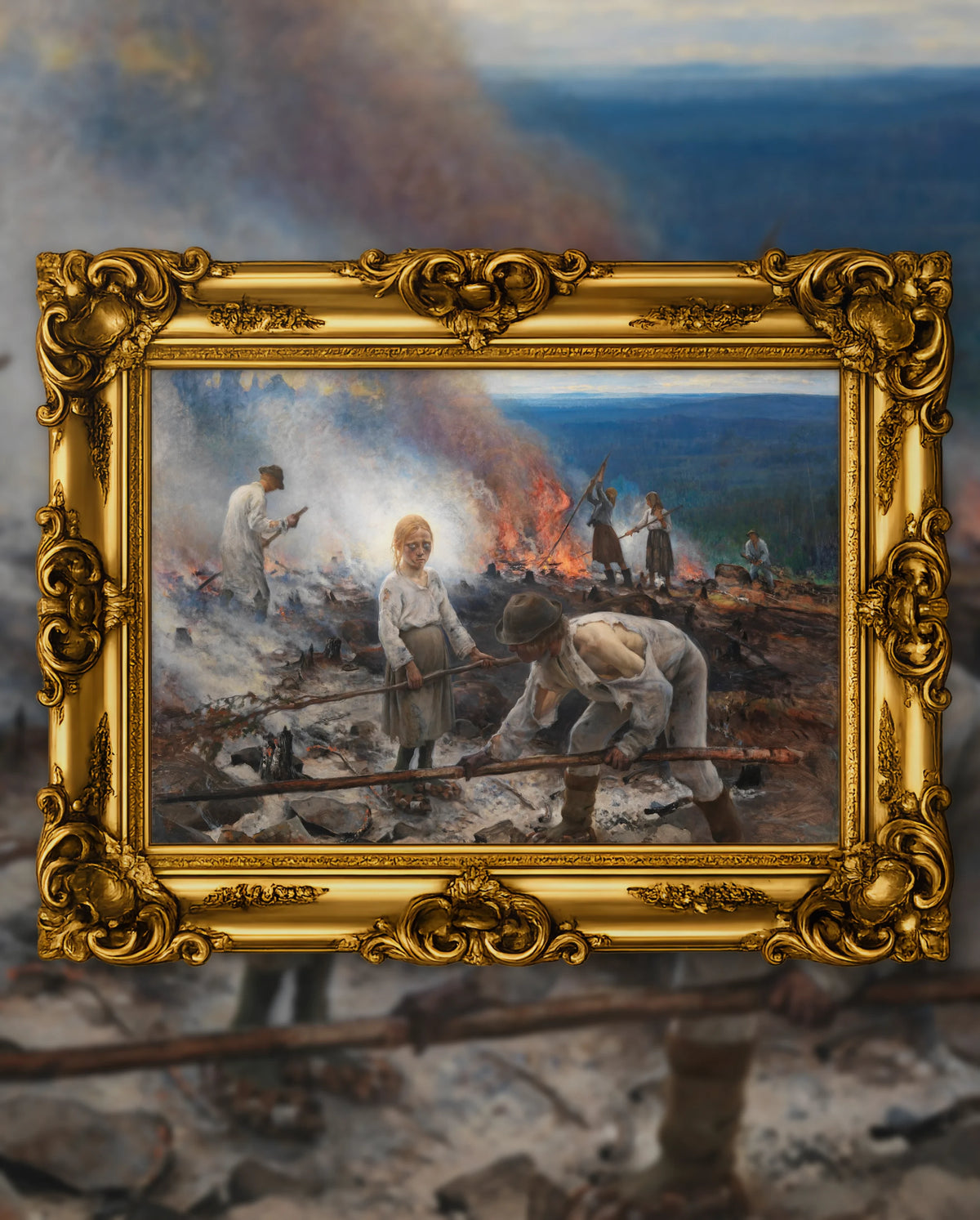 Eero Järnefelt’s Under the Yoke (Burning the Brushwood) in an ornate gold frame, fine art jigsaw puzzle