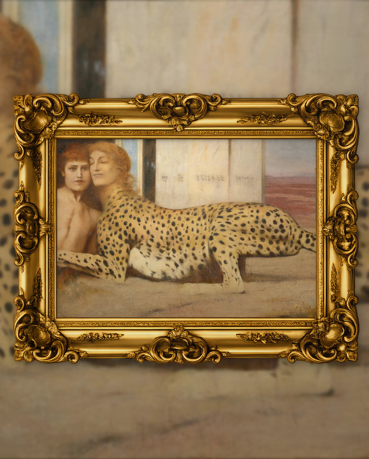 Fernand Khnopff’s The Caresses in an ornate gold frame, fine art jigsaw puzzle