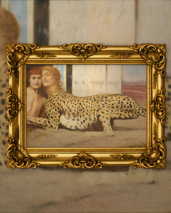 Fernand Khnopff’s The Caresses in an ornate gold frame, fine art jigsaw puzzle