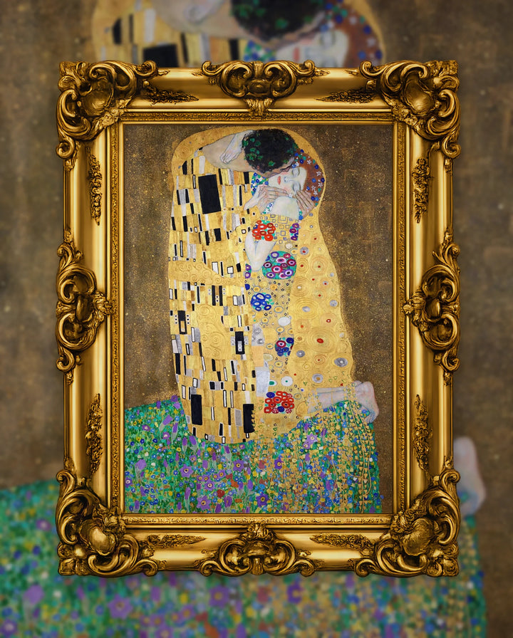 Gustav Klimt’s The Kiss in an ornate gold frame, fine art jigsaw puzzle
