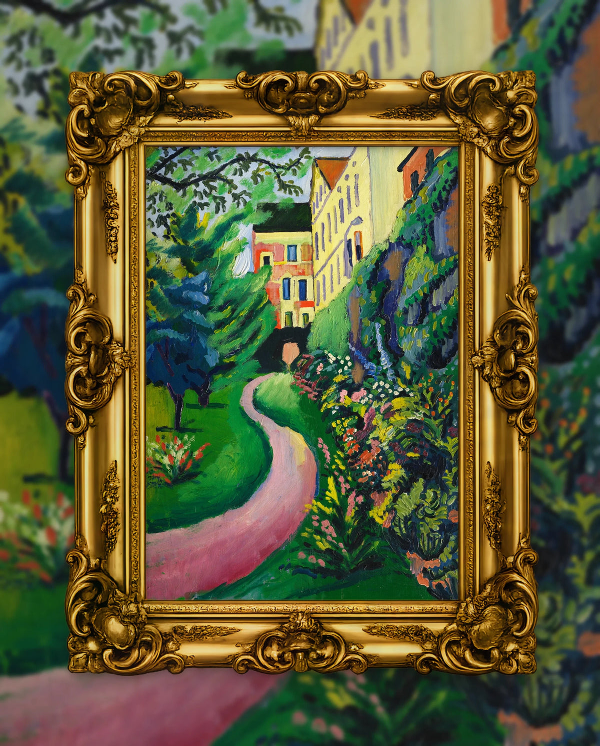 August Macke’s Unser Garten mit blühenden Rabatten in an ornate gold frame, fine art jigsaw puzzle