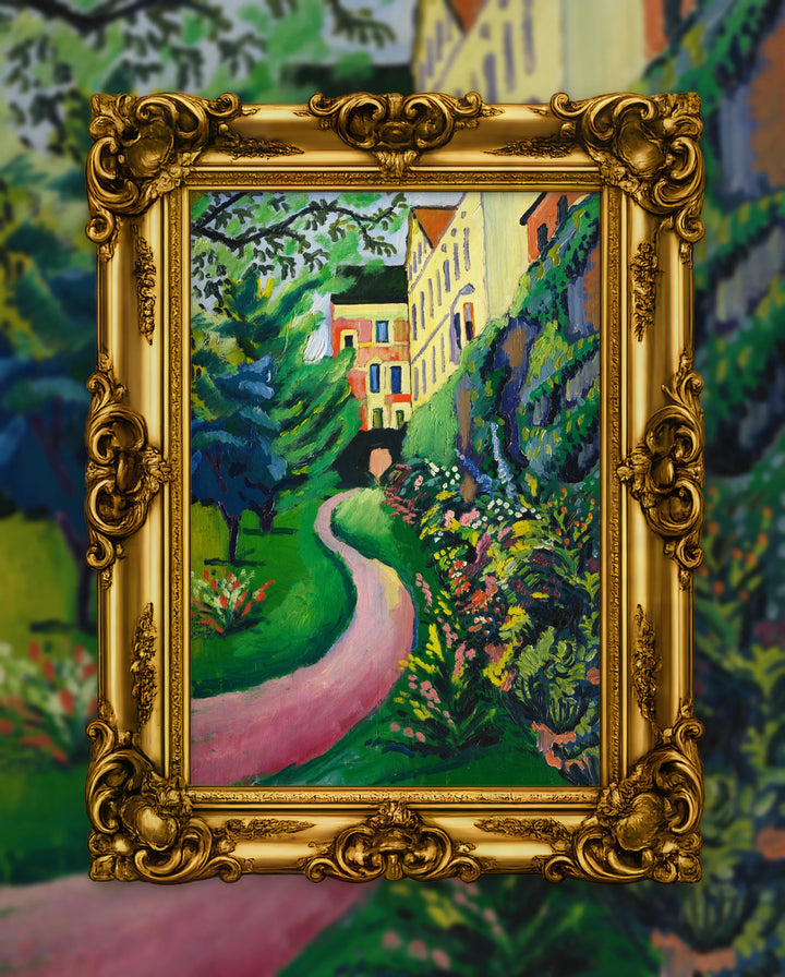 August Macke’s Unser Garten mit blühenden Rabatten in an ornate gold frame, fine art jigsaw puzzle