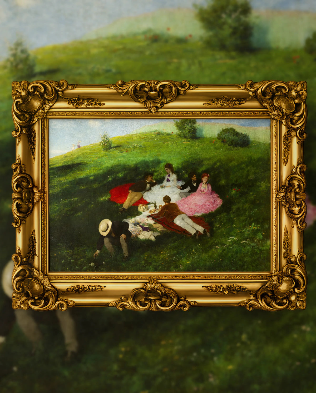 Pál Szinyei Merse’s Picnic in May in an ornate gold frame, fine art jigsaw puzzle