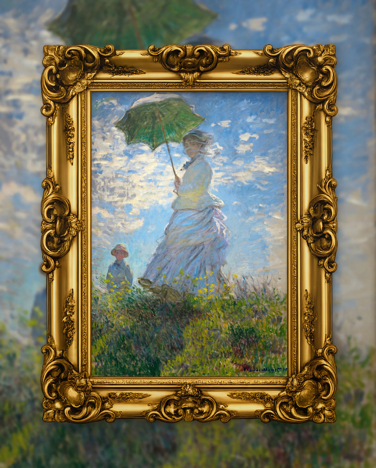 Claude Monet’s Woman with a Parasol in an ornate gold frame, fine art jigsaw puzzle