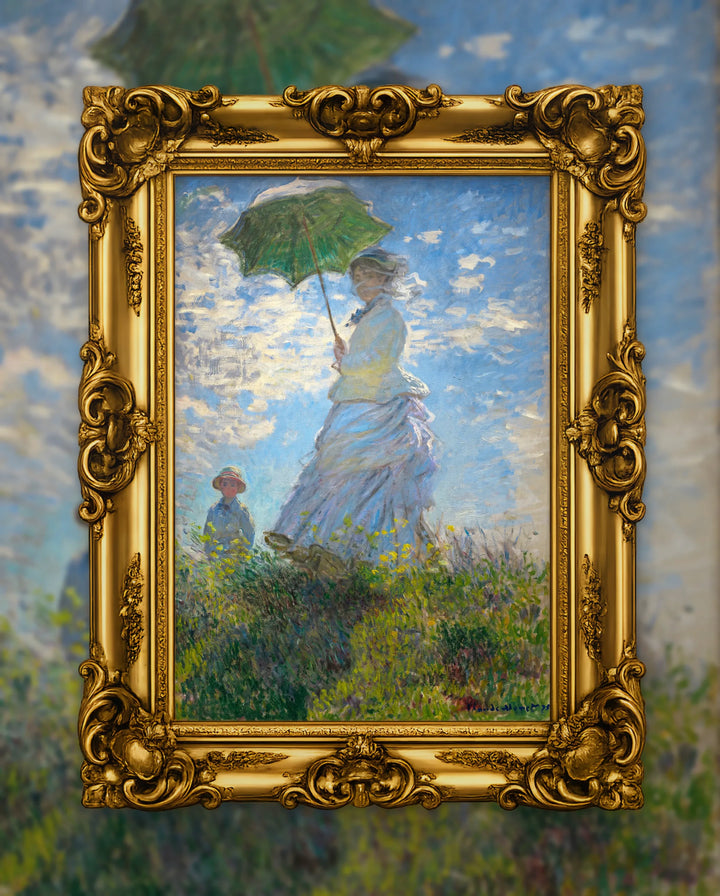 Claude Monet’s Woman with a Parasol in an ornate gold frame, fine art jigsaw puzzle