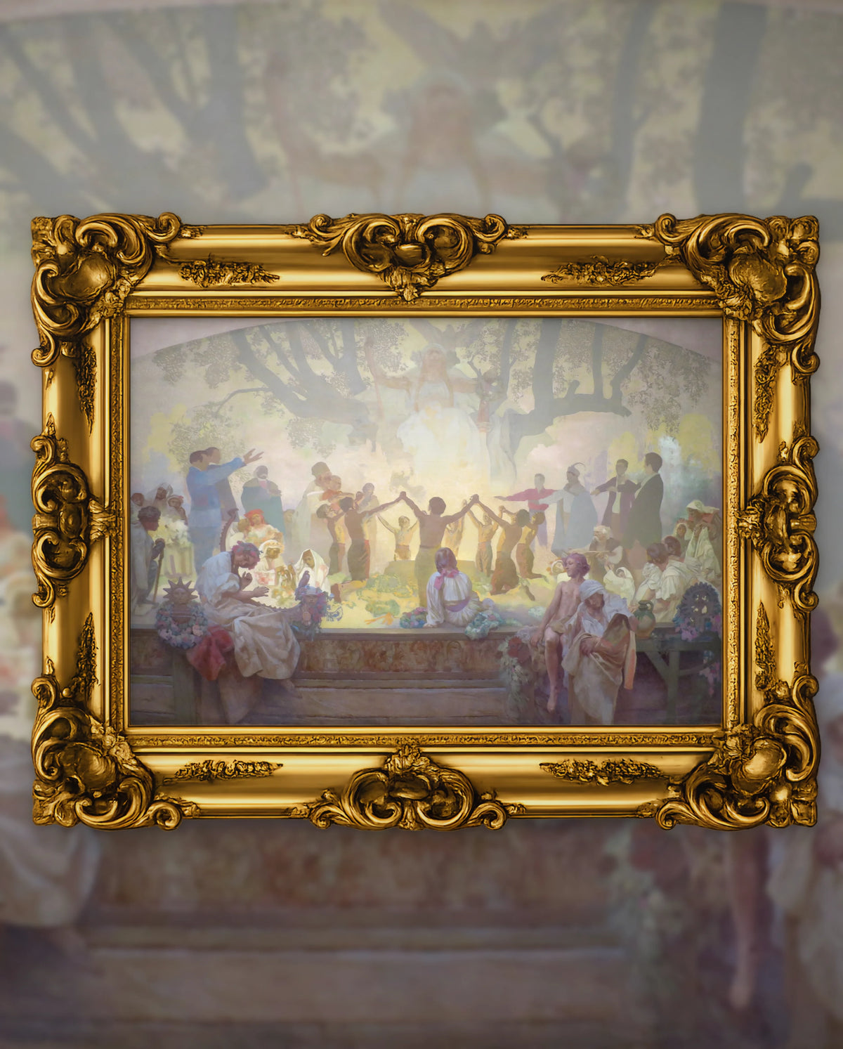 Alfons Mucha’s The Oath of Omladina Under the Slavic Linden Tree in an ornate gold frame, fine art jigsaw puzzle