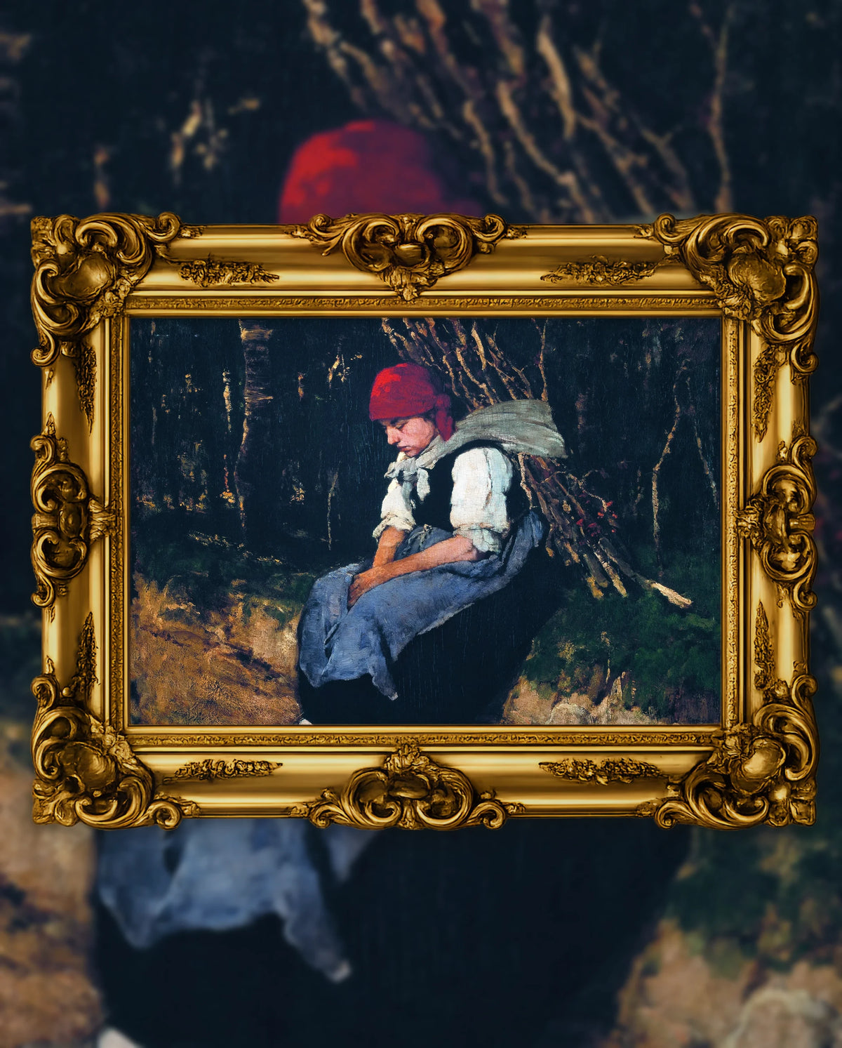 Mihály Munkácsy’s Woman Carrying Faggot in an ornate gold frame, fine art jigsaw puzzle