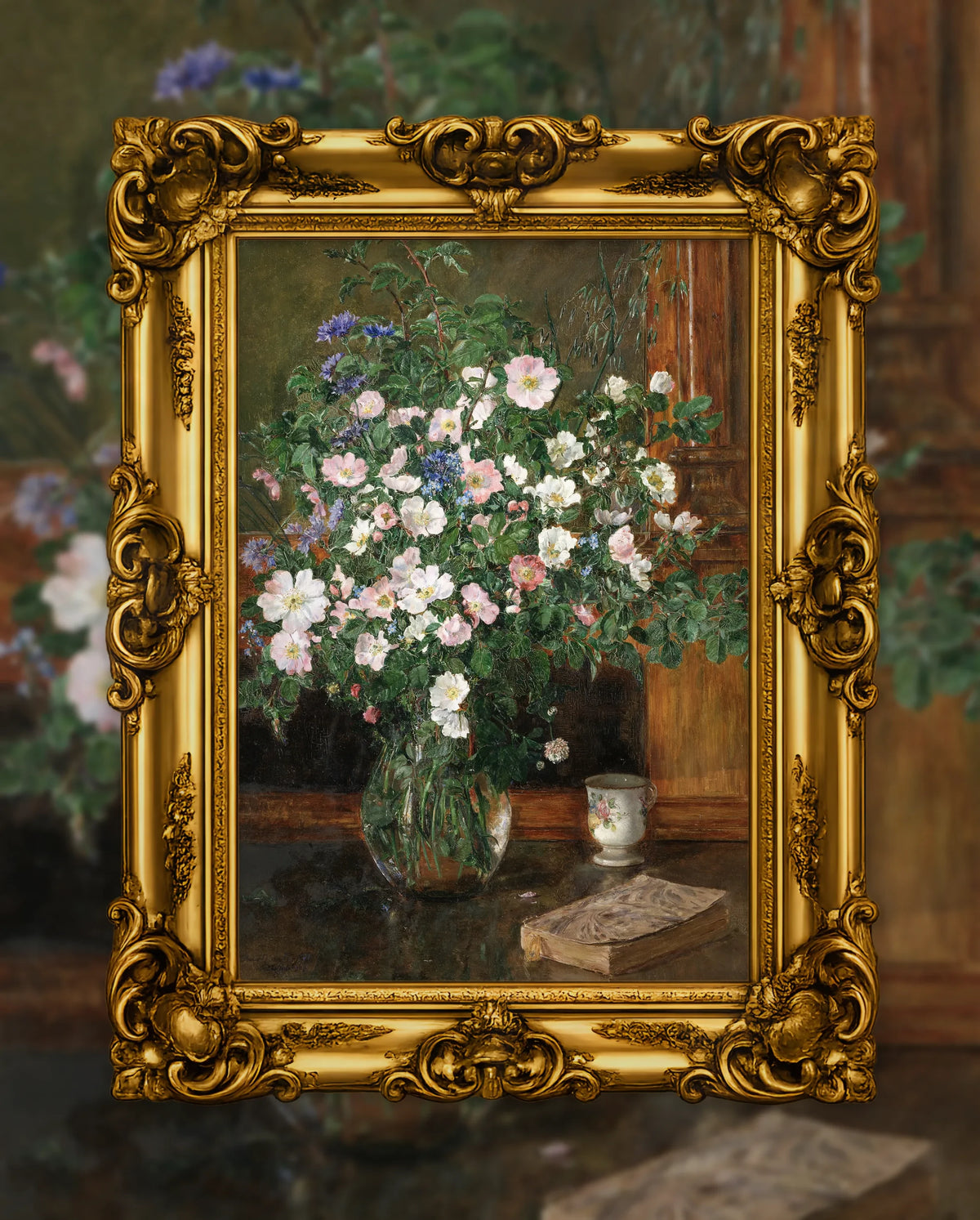 Anna Munthe-Norstedt’s Wild Briar Roses in an ornate gold frame, fine art jigsaw puzzle