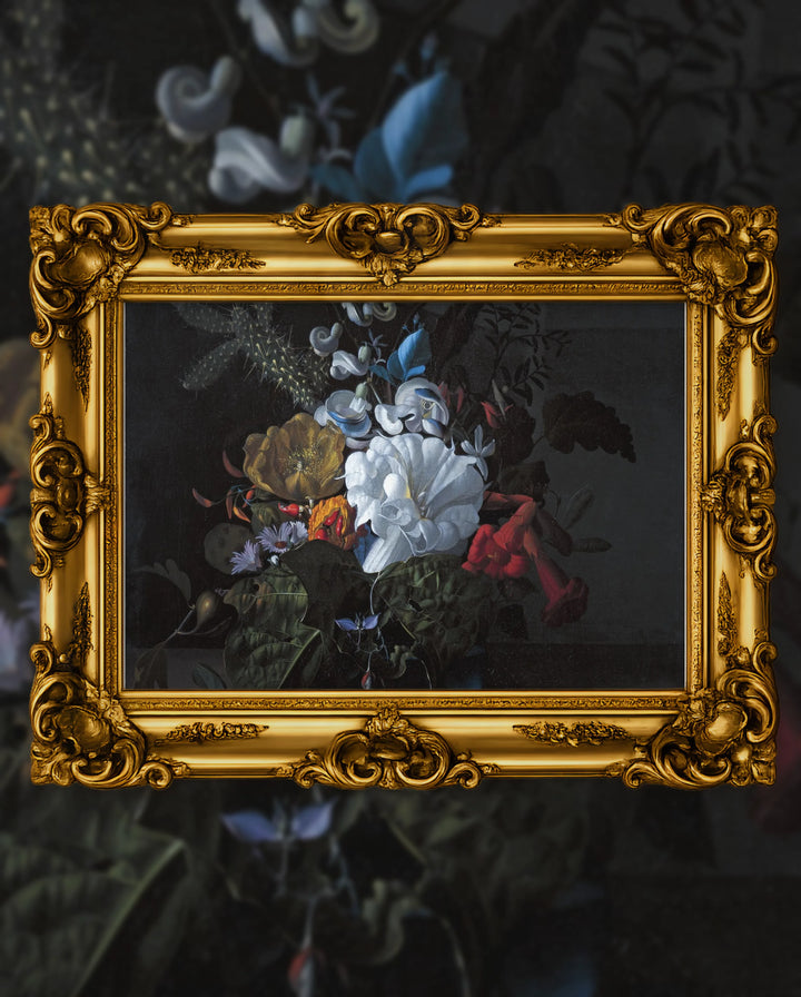 Rachel Ruysch’s Still Life with Flowers in a Glass Vase in an ornate gold frame, fine art jigsaw puzzle