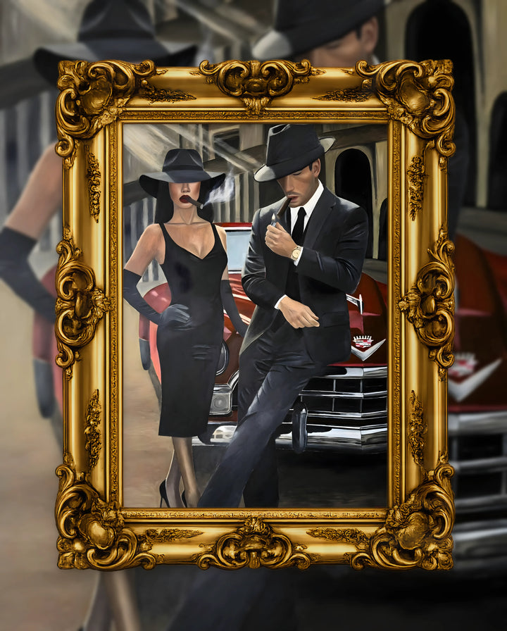 Valeria Secret’s Lovers in the Shadows in an ornate gold frame, fine art jigsaw puzzle