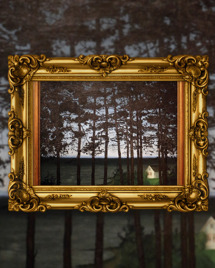 Harald Sohlberg’s Fisherman’s Cottage in an ornate gold frame, fine art jigsaw puzzle