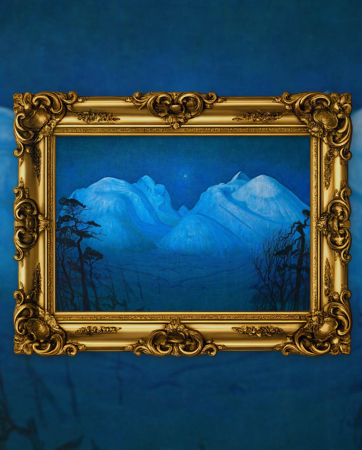 Harald Sohlberg’s Winter Night in the Mountains in an ornate gold frame, fine art jigsaw puzzle