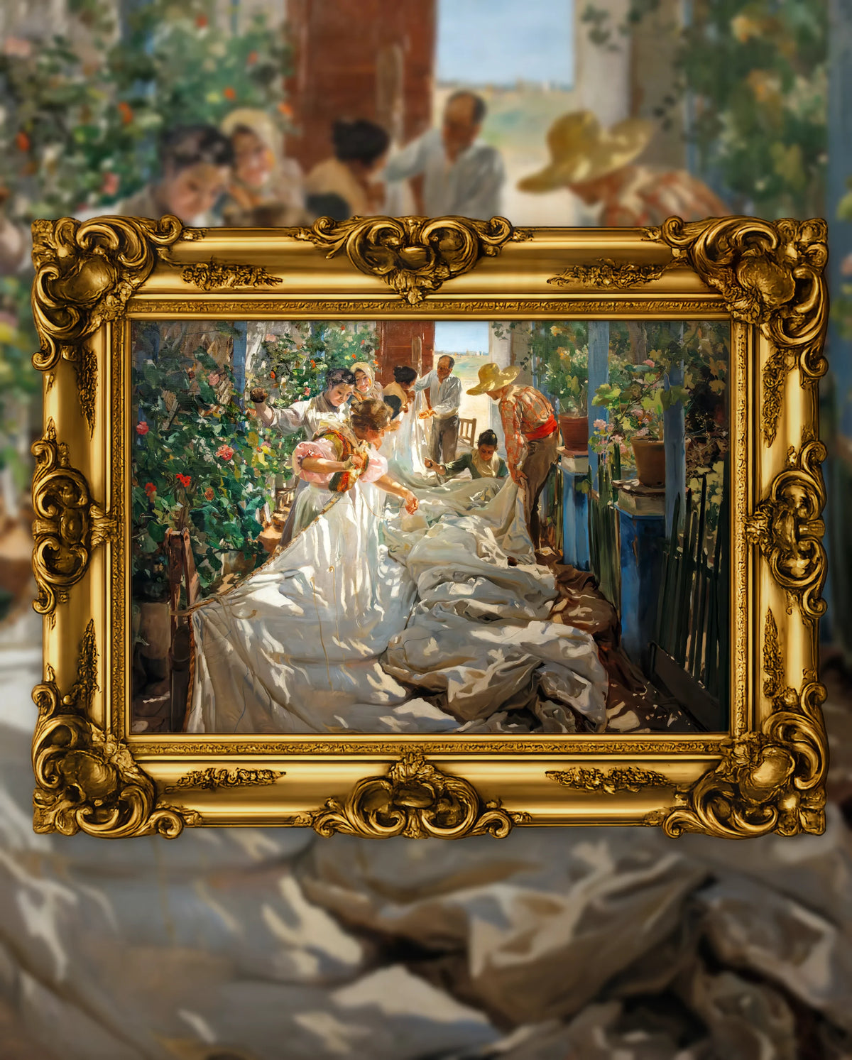 Joaquín Sorolla’s Sewing the Sail in an ornate gold frame, fine art jigsaw puzzle