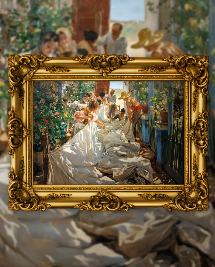 Joaquín Sorolla’s Sewing the Sail in an ornate gold frame, fine art jigsaw puzzle