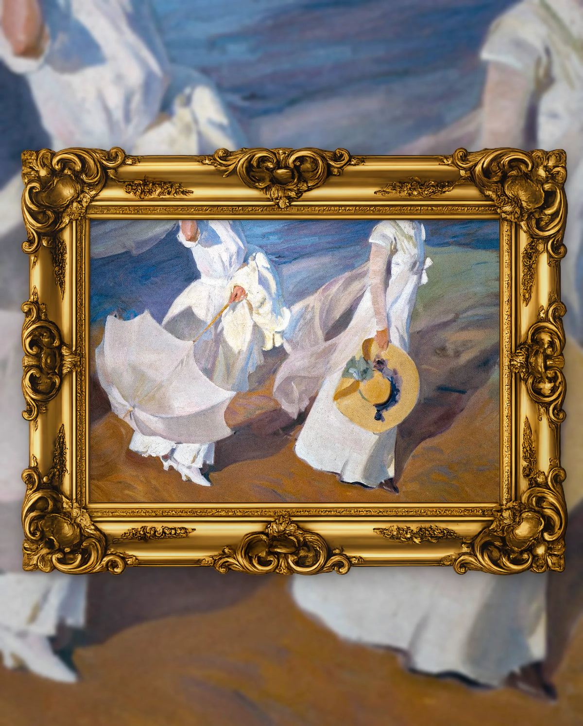 Joaquín Sorolla’s Walk on the Beach in an ornate gold frame, fine art jigsaw puzzle