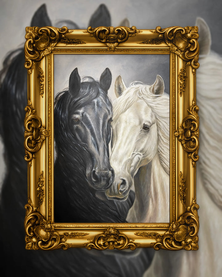 Staz Li’s Yin-Yang Horses in an ornate gold frame, fine art jigsaw puzzle